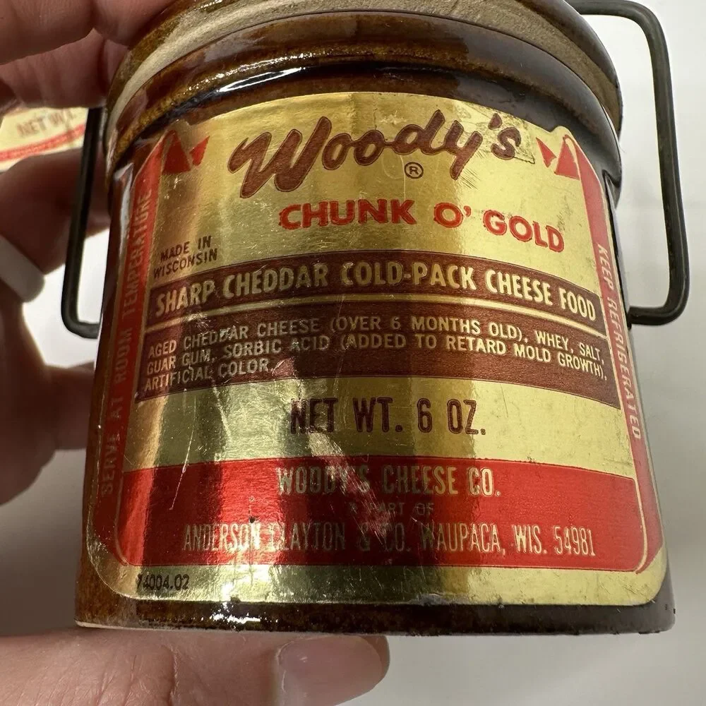 2 Vtg Woodys Chunk O Gold Cheese Crocks Stoneware Brown 12oz 6oz Wire Clamp Lids